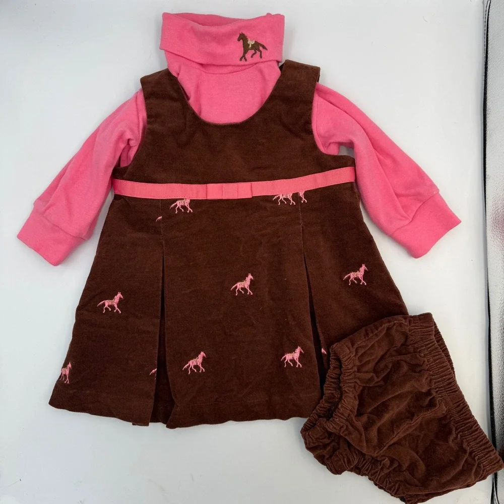 Hartstrings 12M‎ Embroidered Horse Dress 3 Pc Set Pink Brown Baby Girl Outfit